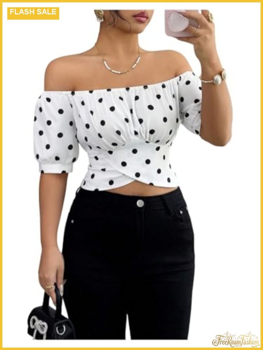 Off Shoulder Polka Dot Crop Top Blouse Tie Back